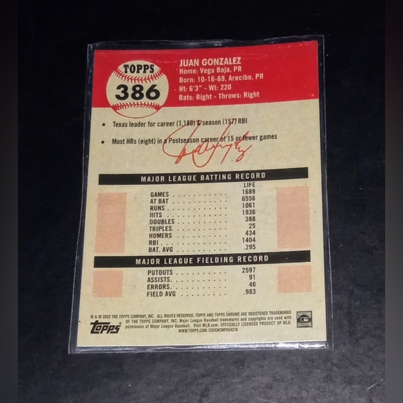 Juan Gonzalez Topps Chrome 2022 #386 - Picture 2 of 2